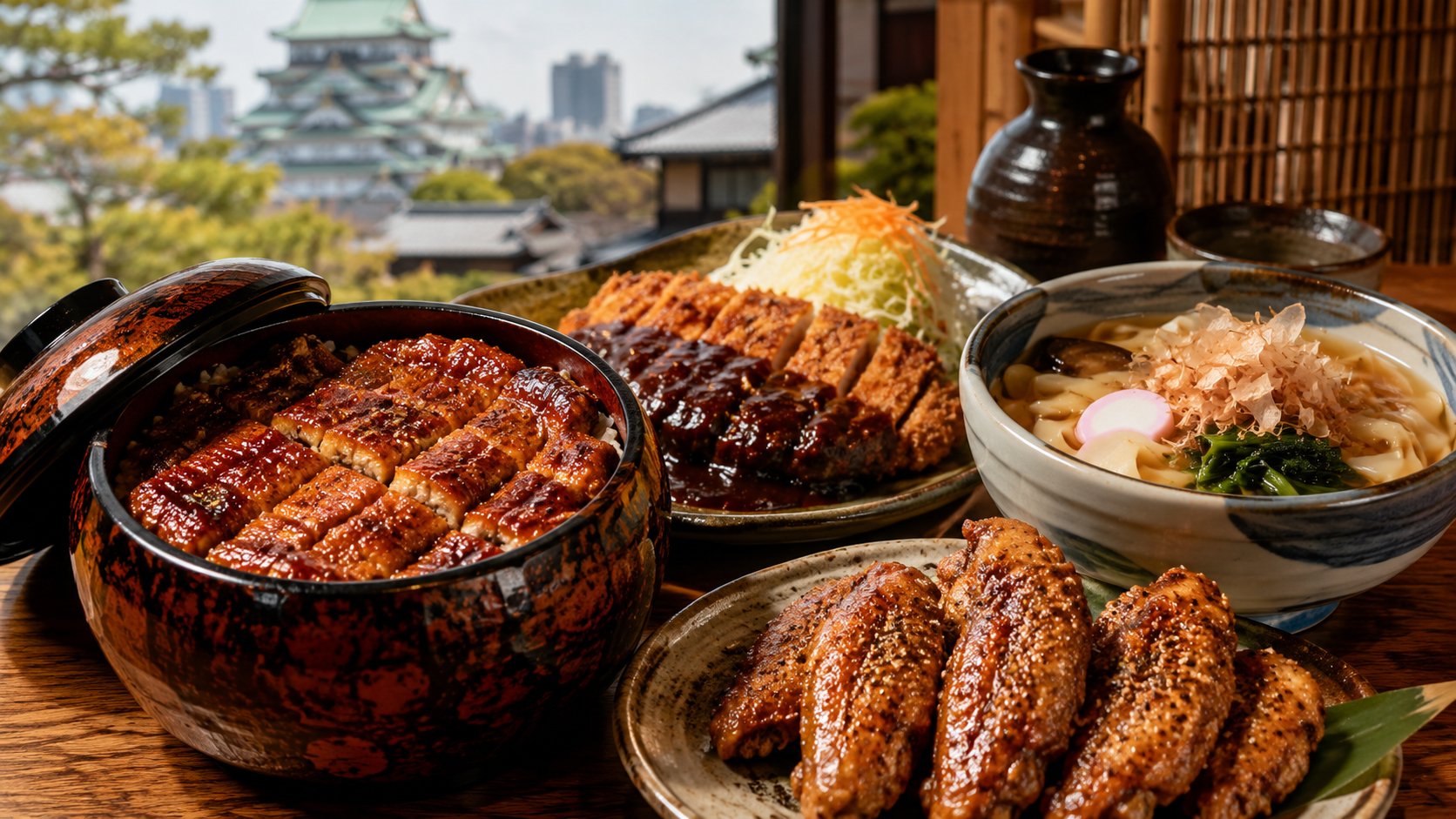 ひつまぶし、味噌カツ、きしめん、手羽先が並ぶ愛知の食卓。名古屋城と赤味噌文化を感じる風景。