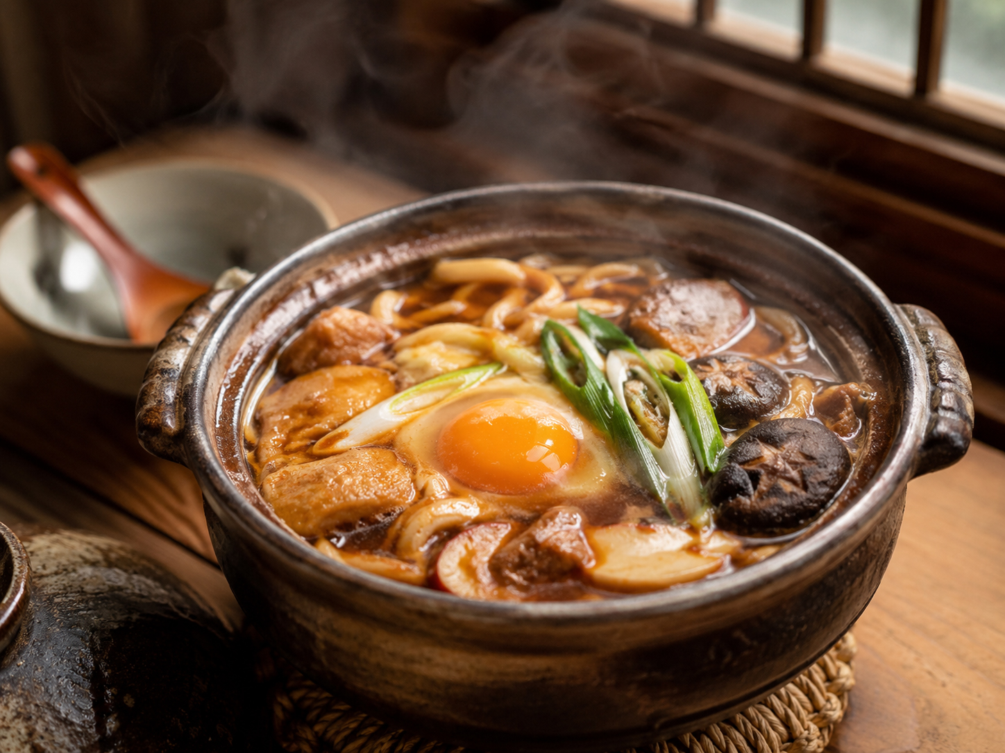 土鍋で煮込まれた名古屋名物の味噌煮込みうどん。