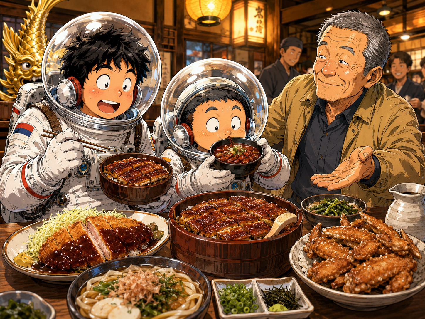 ひつまぶし、味噌カツ、手羽先を前にする宇宙飛行士と愛知のおじさん