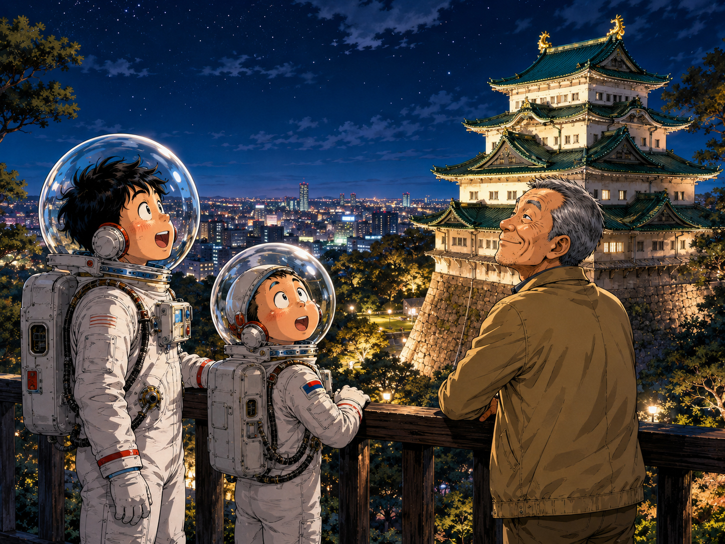 夜の名古屋城と街明かりを眺める宇宙飛行士と愛知のおじさん