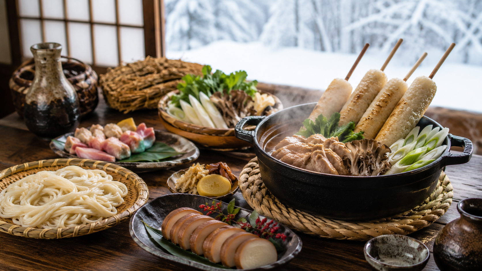きりたんぽ、稲庭うどん、比内地鶏、いぶりがっこが並ぶ秋田の食卓。雪国の米と発酵文化を感じる風景。