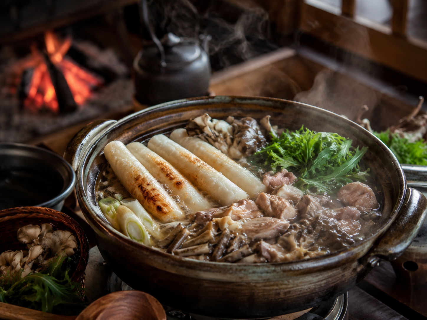 比内地鶏のだしで煮る秋田名物きりたんぽ鍋。