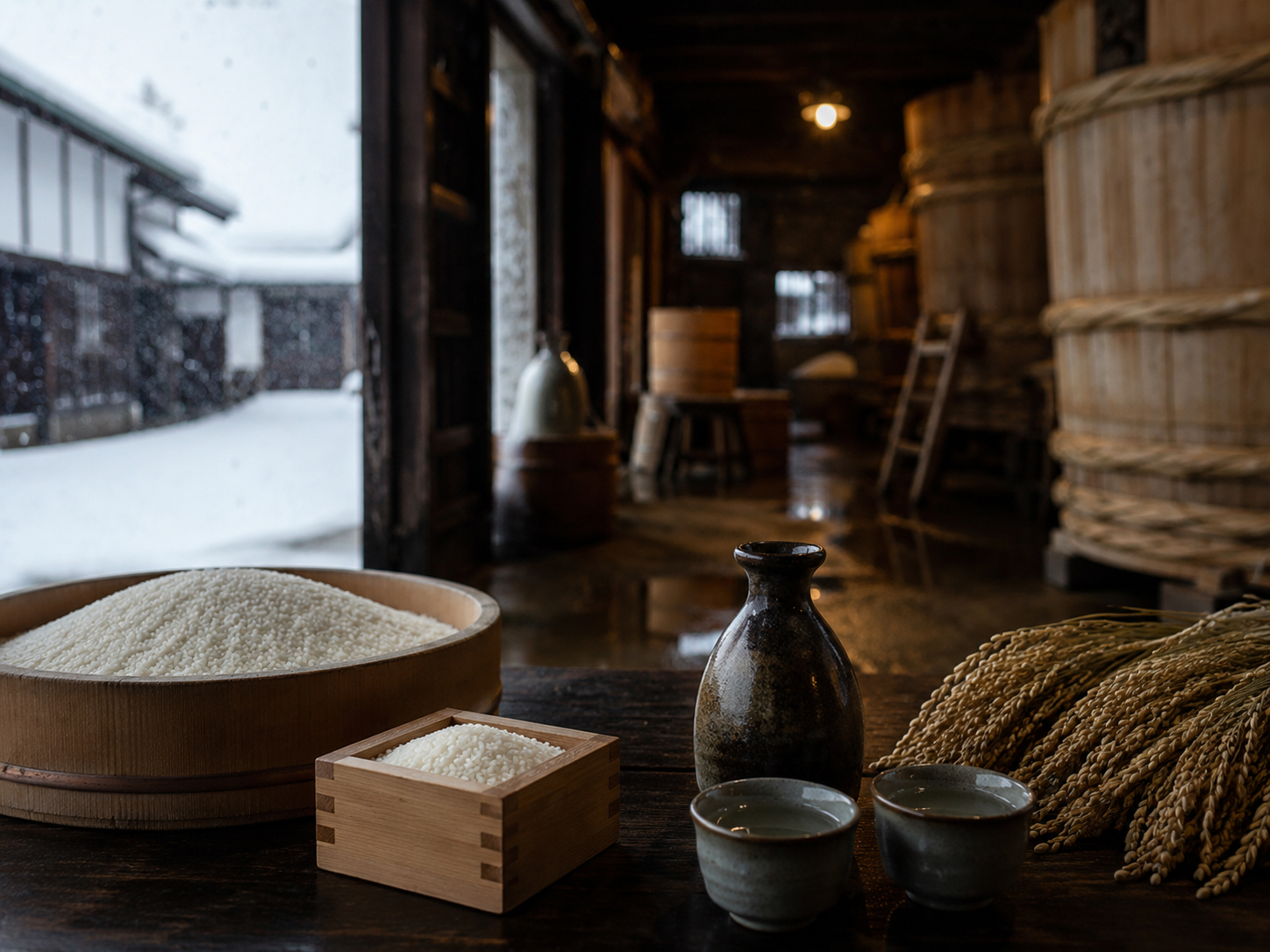 秋田の米、雪、日本酒、発酵文化を感じる静かな食の風景。