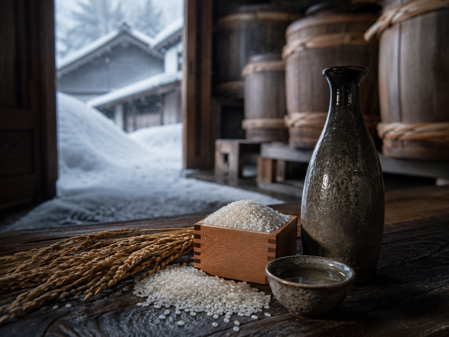 秋田の米と雪を思わせる日本酒のある食卓。