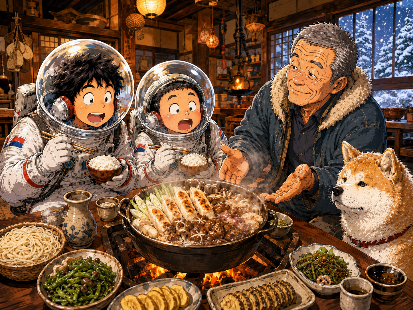 きりたんぽ、稲庭うどん、いぶりがっこを前にする宇宙飛行士と秋田のおじさん