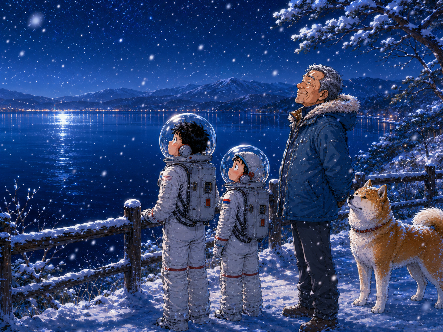夜の田沢湖と雪と星を眺める宇宙飛行士、秋田犬、秋田のおじさん