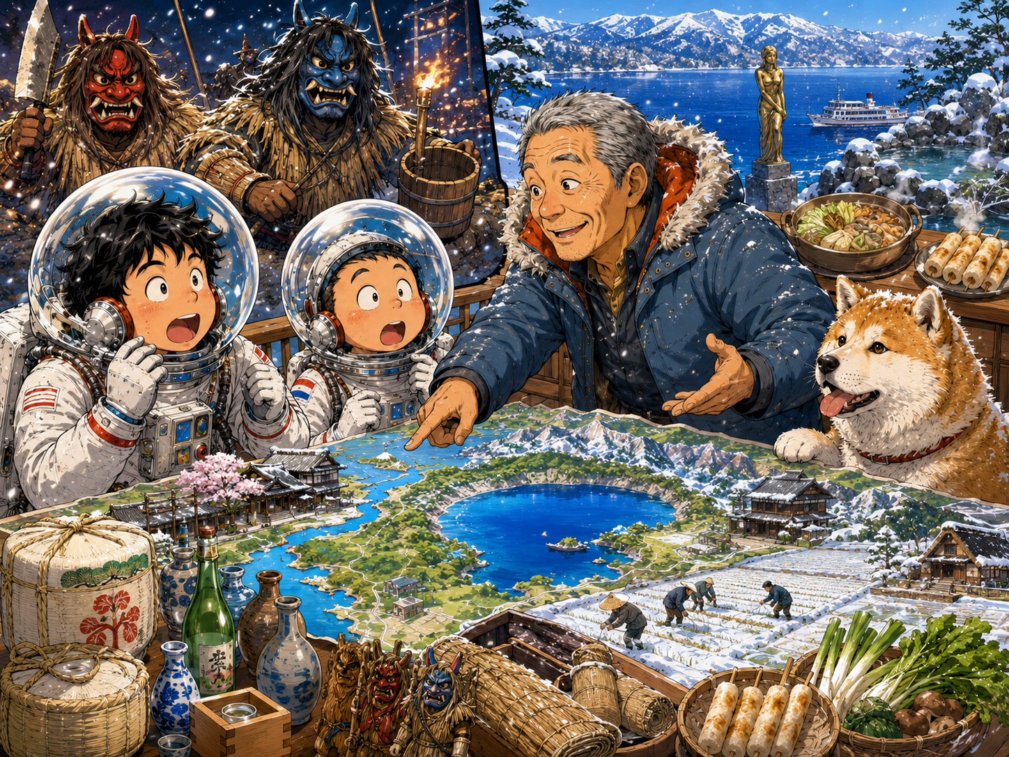 宇宙飛行士にナマハゲ、田沢湖、角館、米、酒を説明する秋田のおじさん