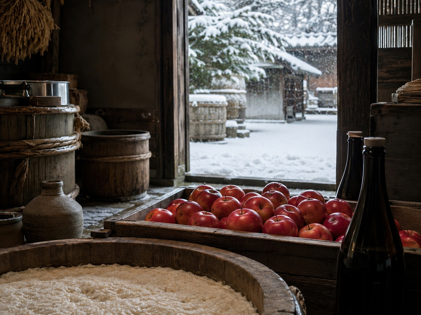 青森のりんご、雪、日本酒、保存と発酵を感じる食の風景。