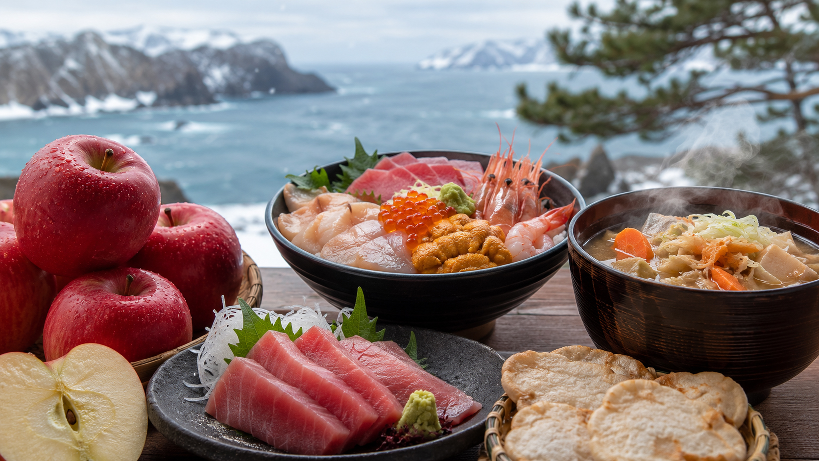 青森りんご、大間まぐろ、のっけ丼、せんべい汁が並ぶ青森の食卓。雪と港と畑の食文化を感じる風景。