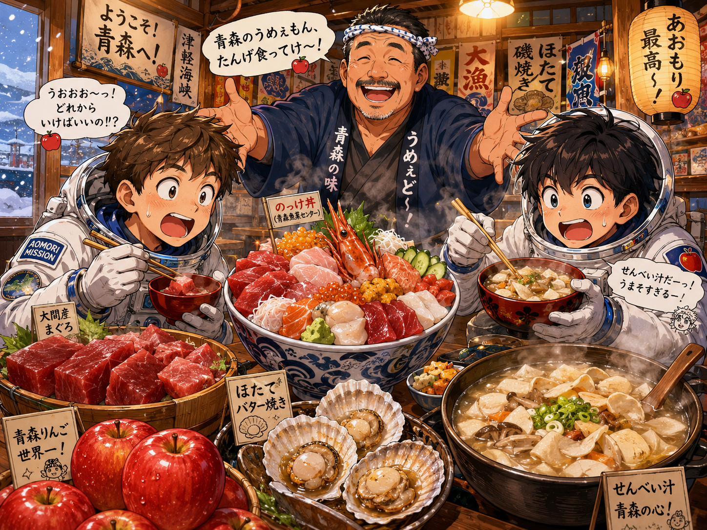 りんご、まぐろ、のっけ丼、せんべい汁を前にする宇宙飛行士と青森のおじさん