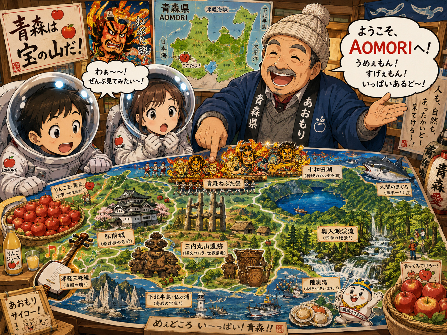 宇宙飛行士にねぶた、りんご、縄文、十和田湖、奥入瀬を説明する青森のおじさん