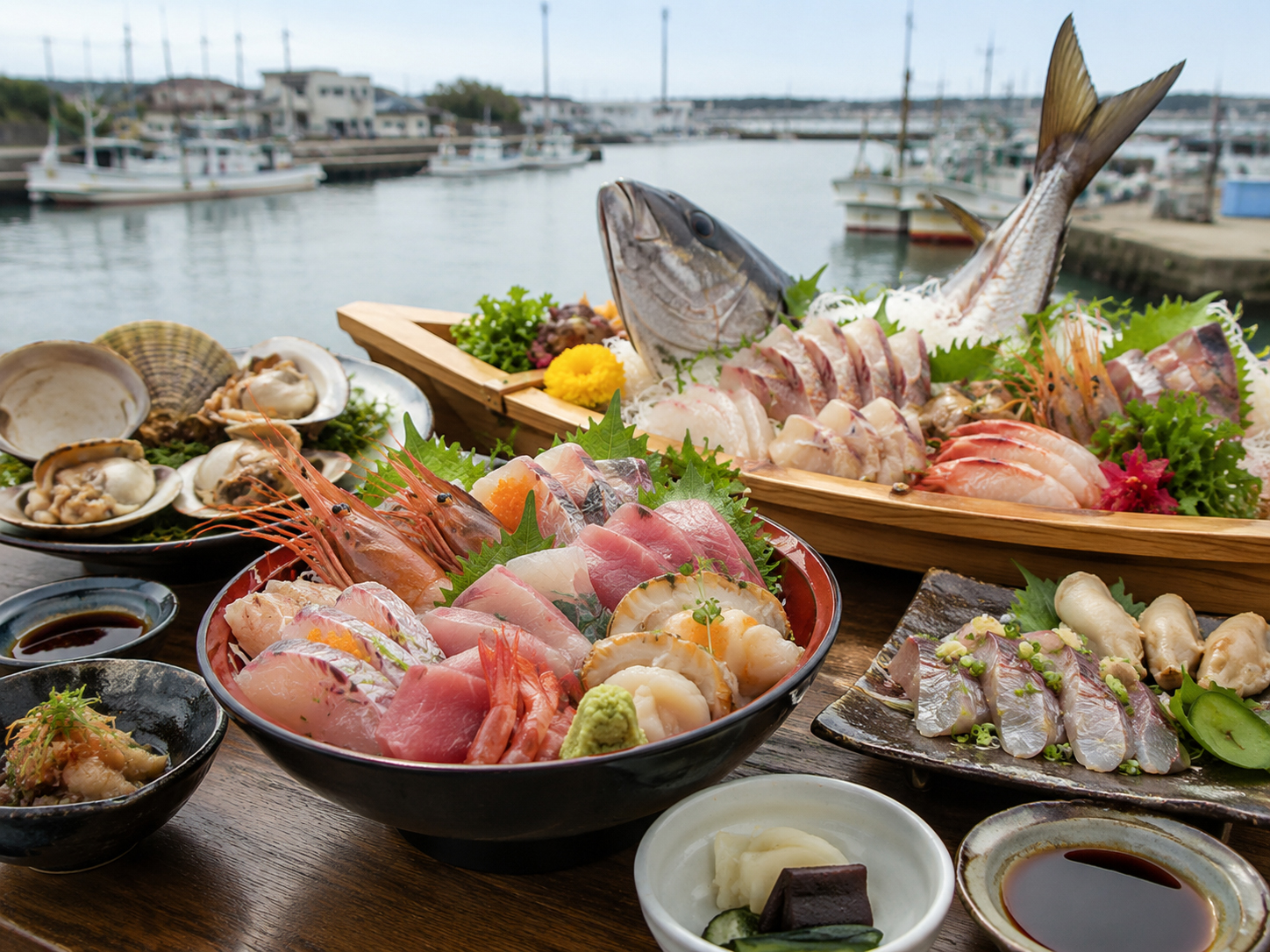 鴨川や銚子を思わせる房総の海鮮丼と刺身。