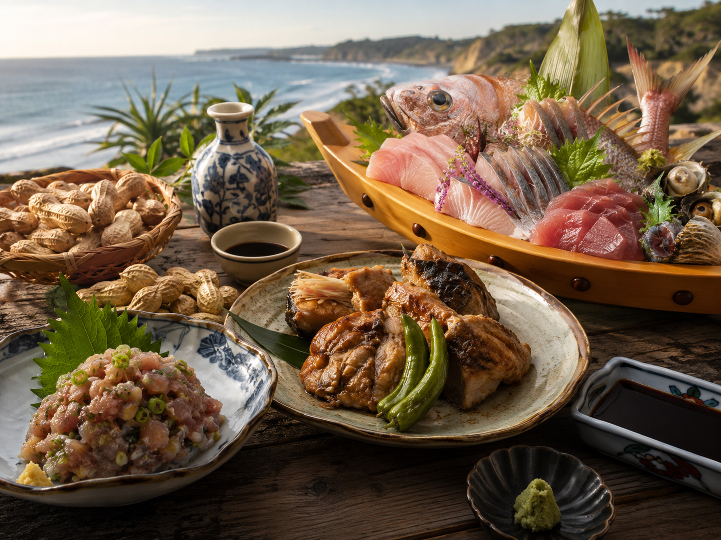なめろう、さんが焼き、落花生、醤油、房総の海鮮が並ぶ千葉の食卓。