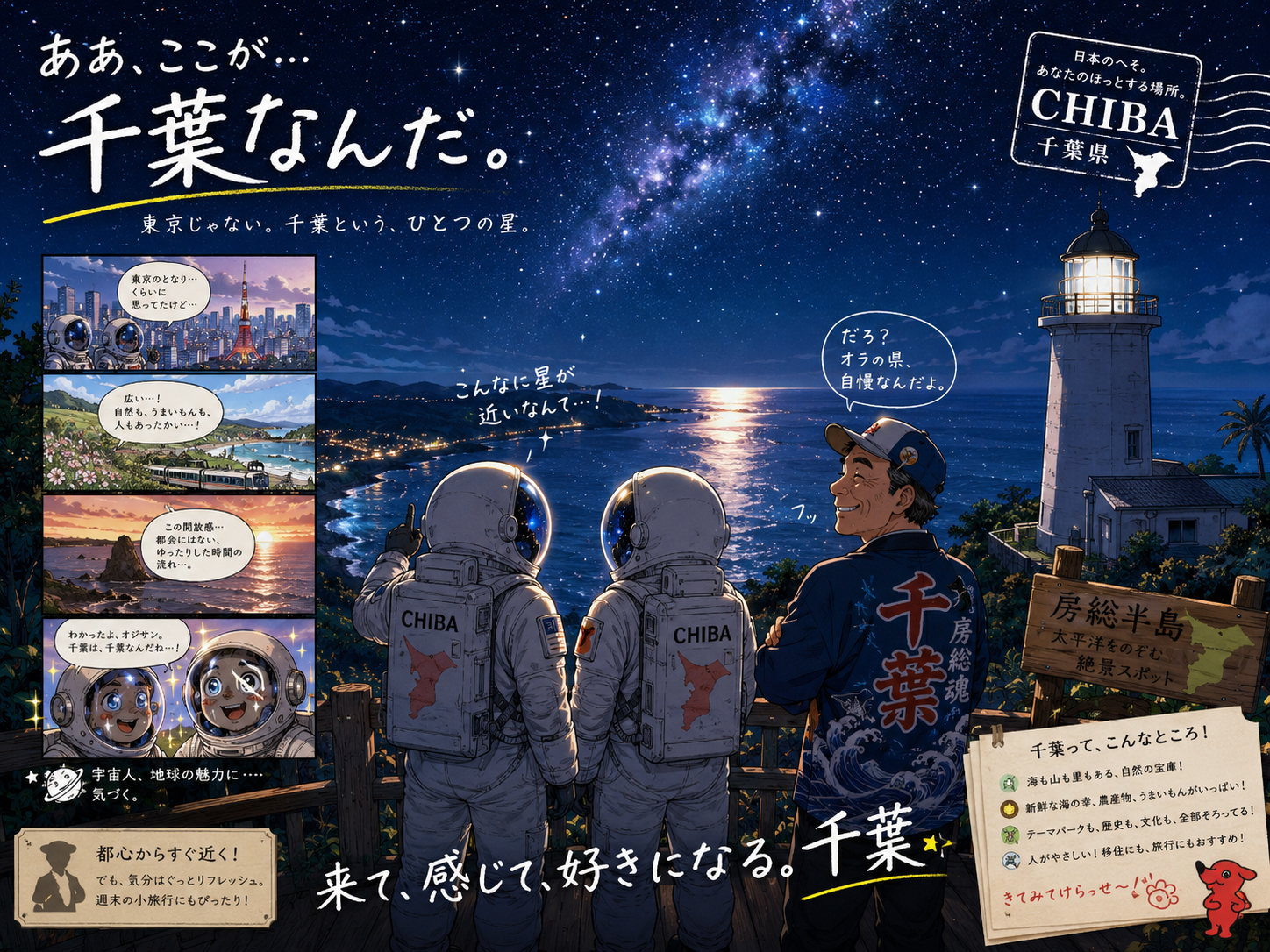 夜の房総半島、太平洋、星、灯台を眺める宇宙飛行士と千葉のおじさん