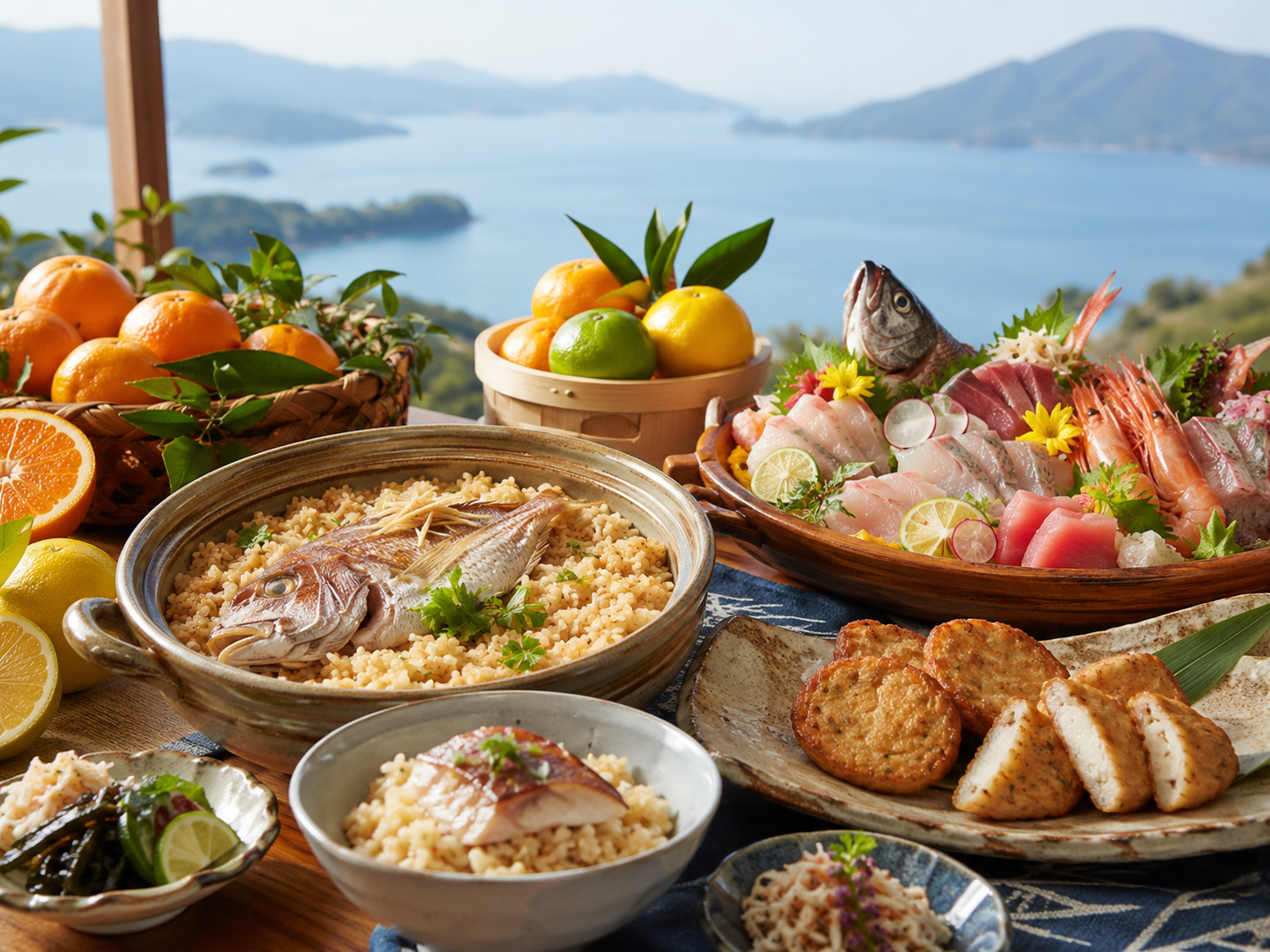 鯛めし、みかん、じゃこ天、瀬戸内の海鮮が並ぶ愛媛の食卓。