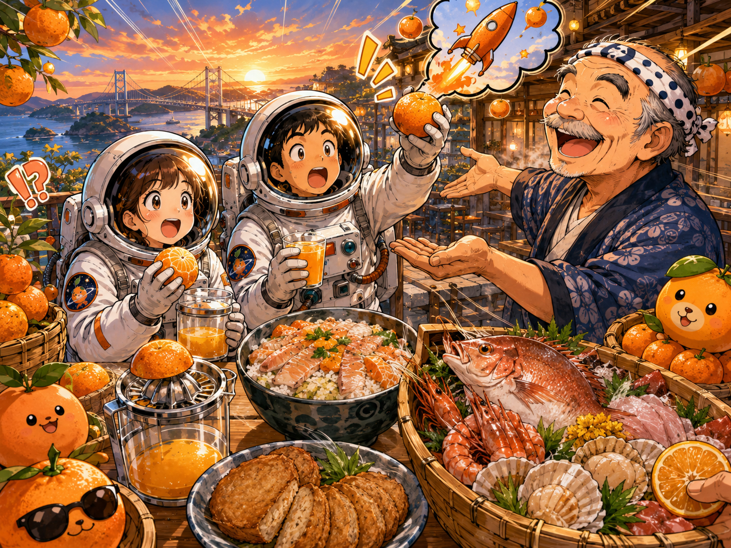 みかん、鯛めし、じゃこ天、瀬戸内の魚を前にする宇宙飛行士と愛媛のおじさん