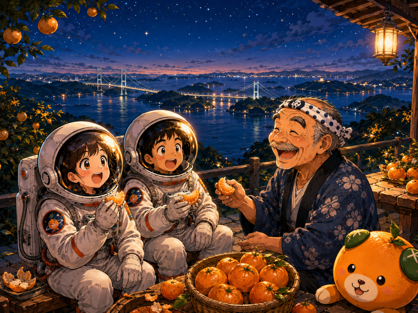 夜の瀬戸内海、島々、星、みかんを眺める宇宙飛行士と愛媛のおじさん