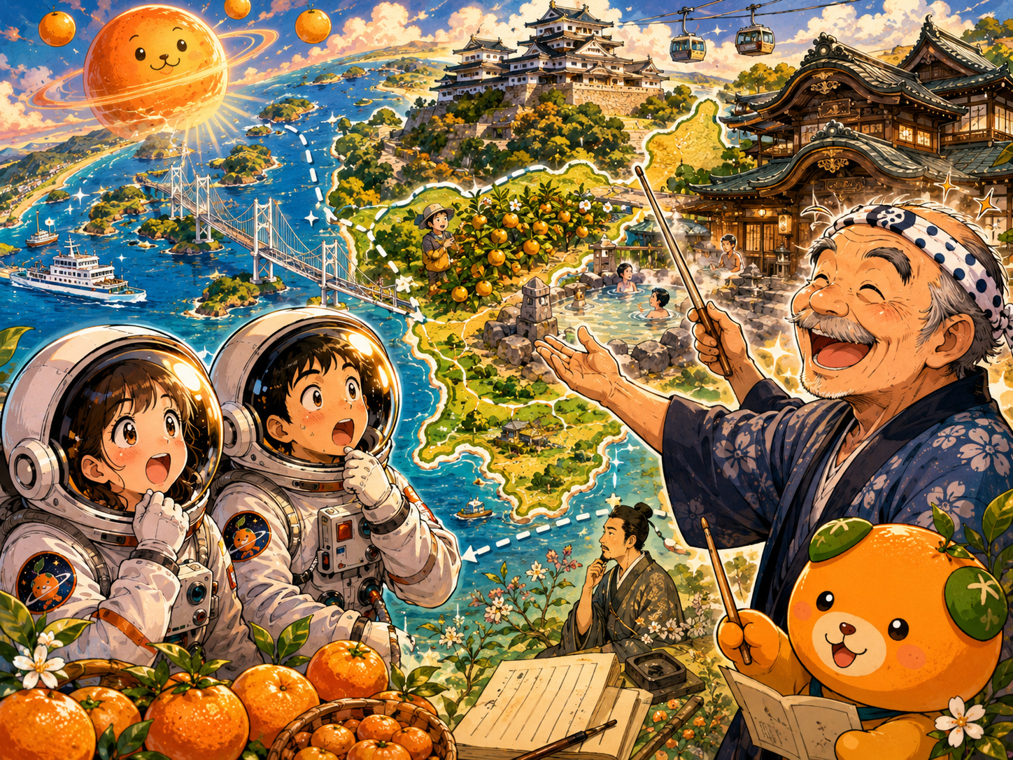 宇宙飛行士にみかん、道後温泉、松山城、しまなみ海道を説明する愛媛のおじさん