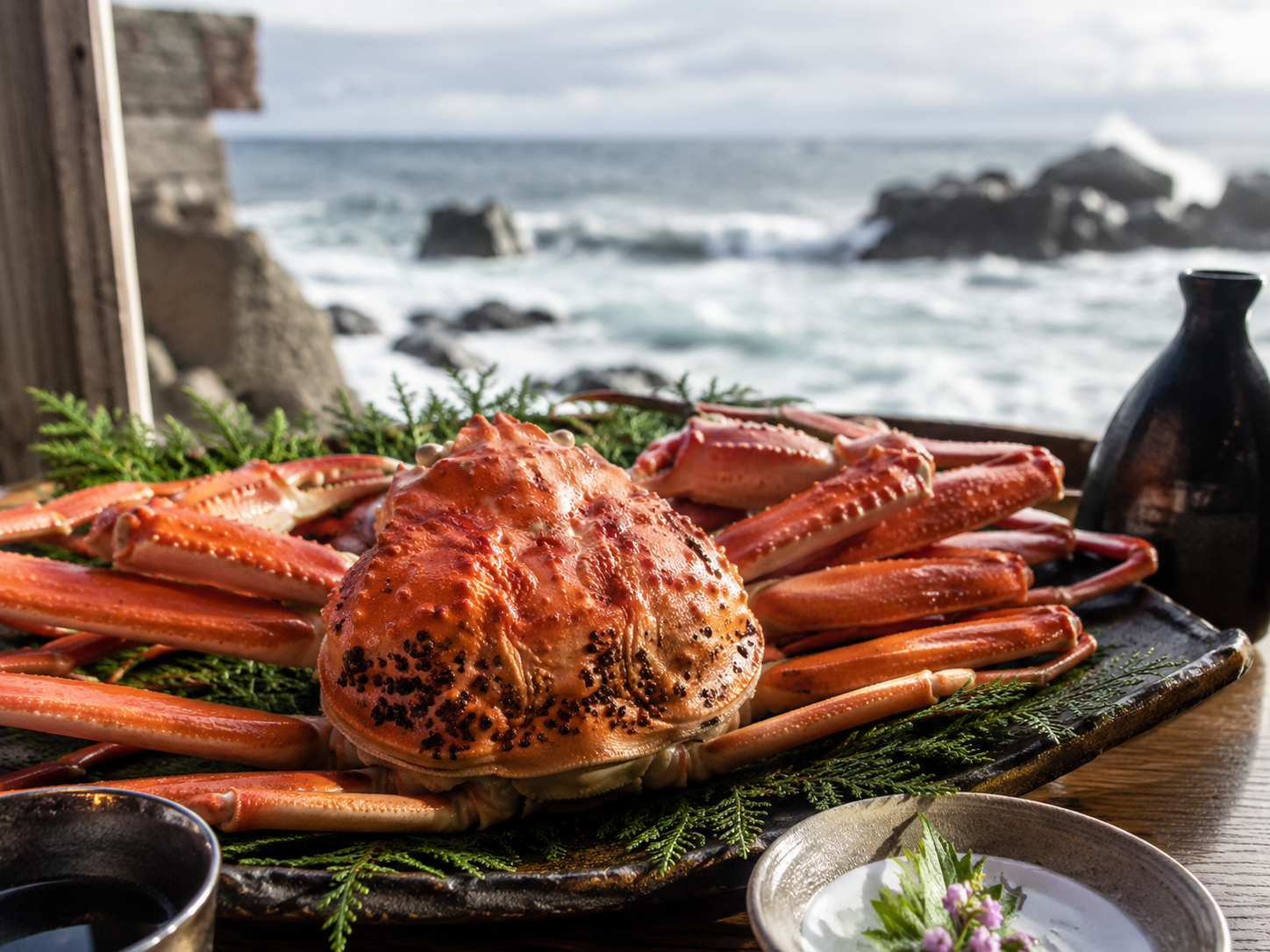 冬の日本海と越前がにを思わせる福井の海の食卓。