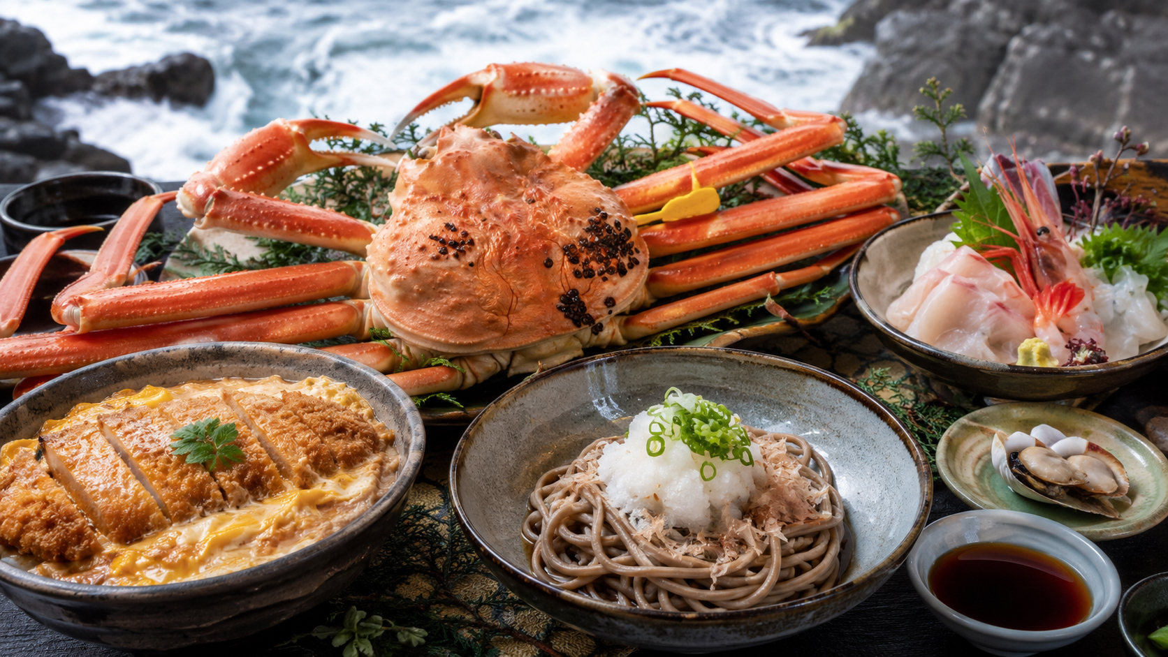 越前がに、おろしそば、ソースカツ丼、若狭の海産物が並ぶ福井の食卓。