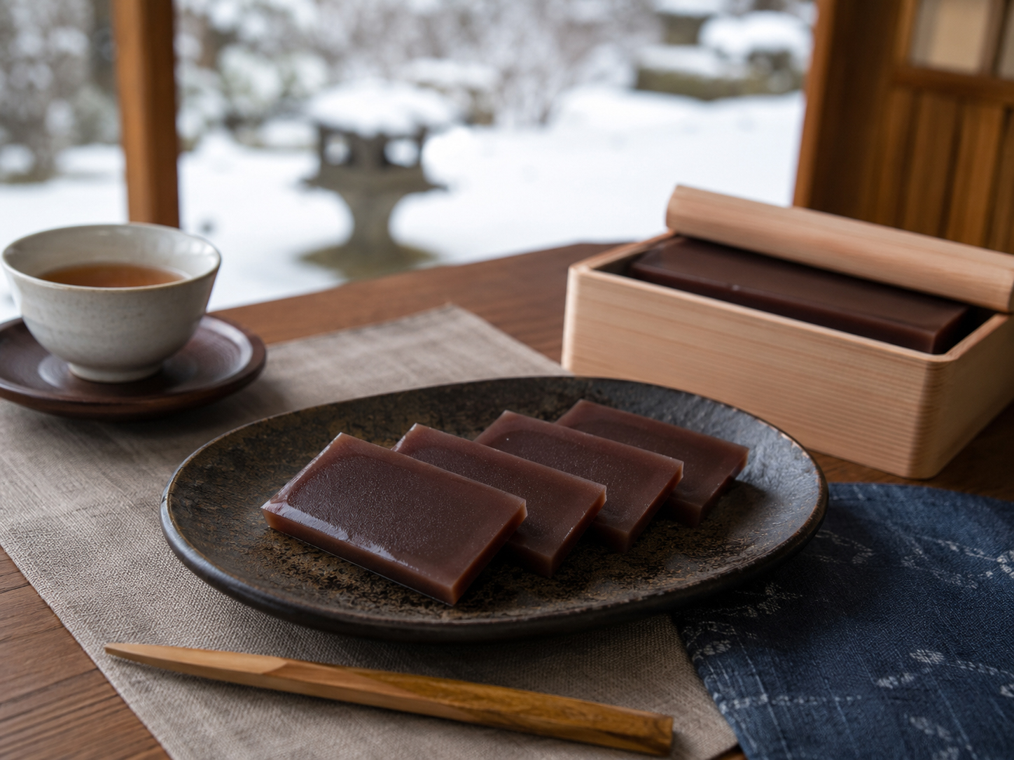 福井の冬の水ようかん。薄く切って食べる黒糖風味の甘味。