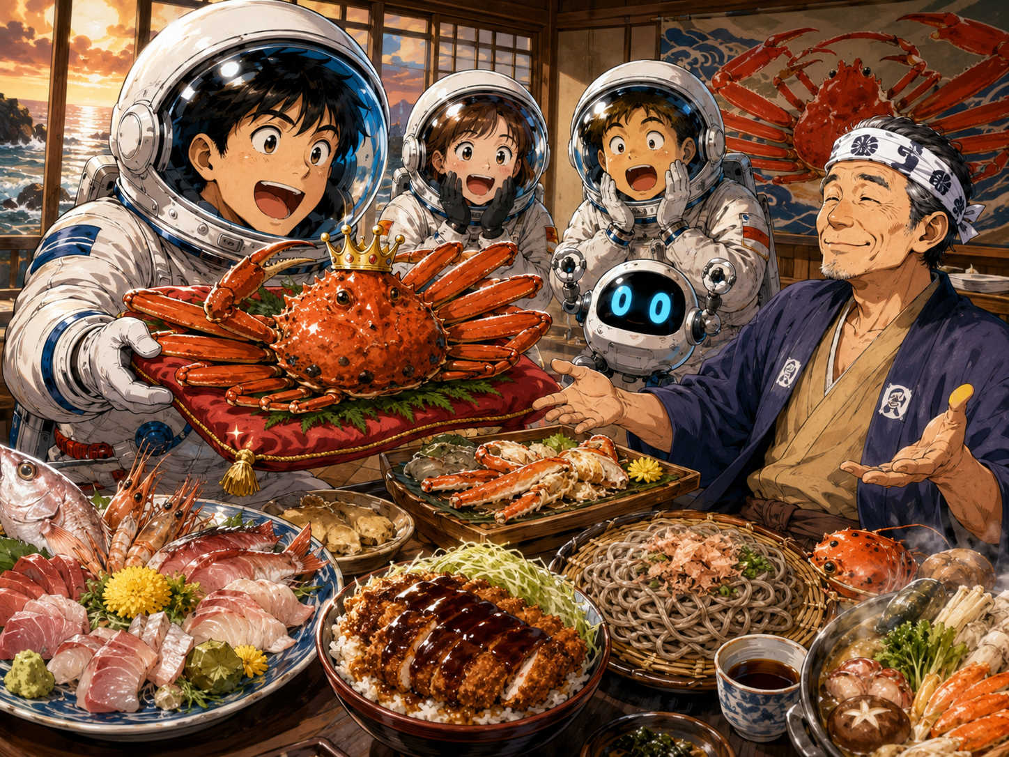 越前がに、越前そば、ソースカツ丼を前にする宇宙飛行士と福井のおじさん