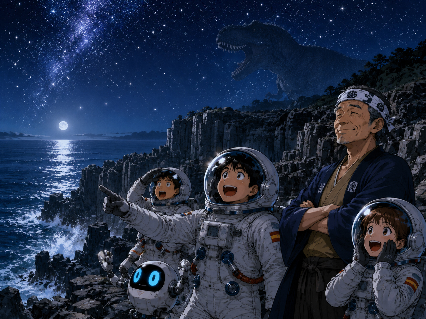 夜の東尋坊、星、日本海、恐竜の気配を眺める宇宙飛行士と福井のおじさん