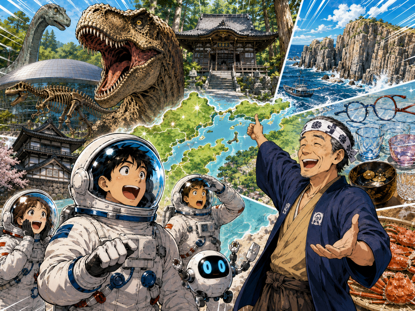 宇宙飛行士に恐竜、永平寺、東尋坊、越前文化を説明する福井のおじさん