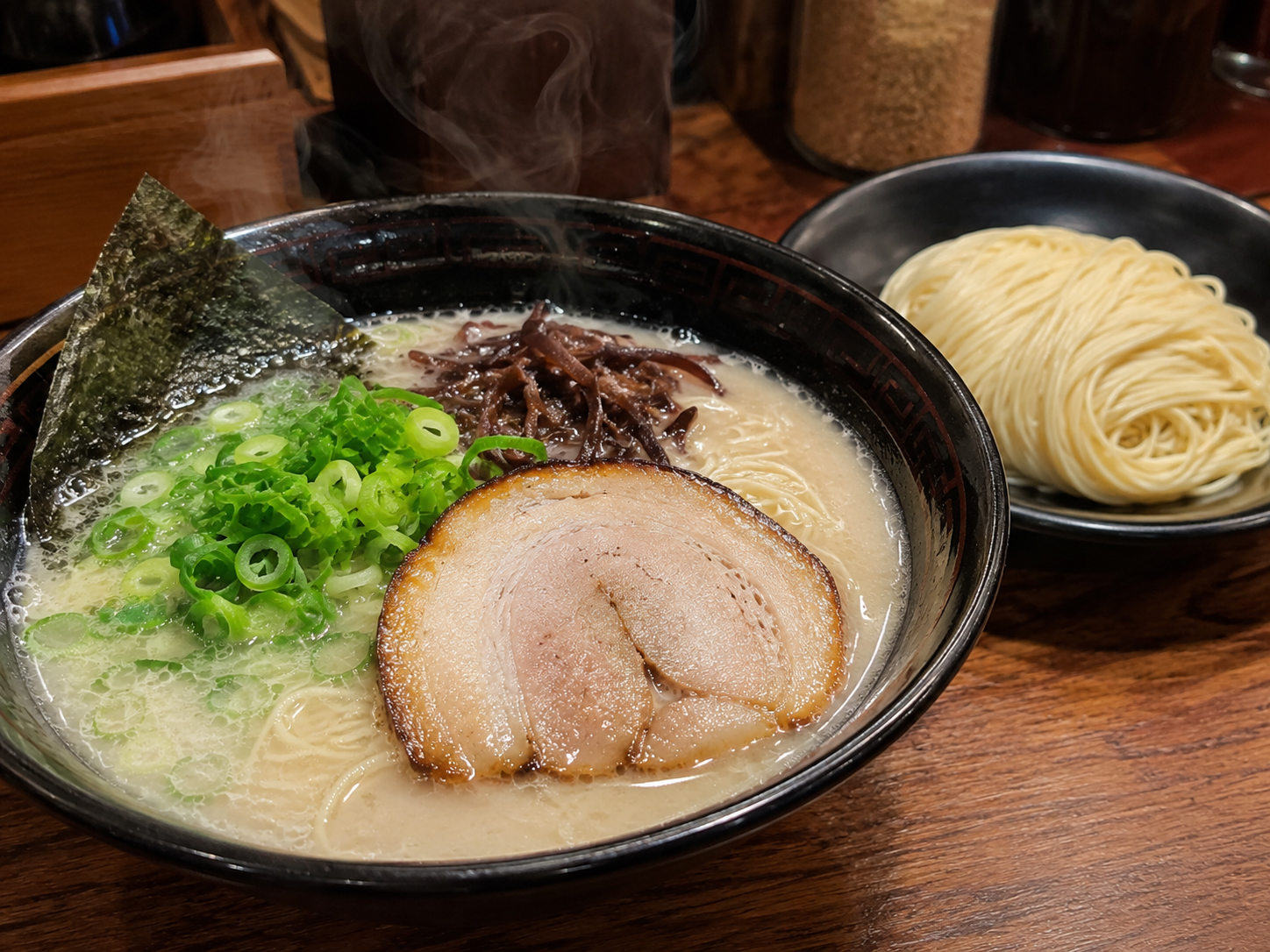 博多ラーメン。豚骨スープ、細麺、替玉の福岡名物。