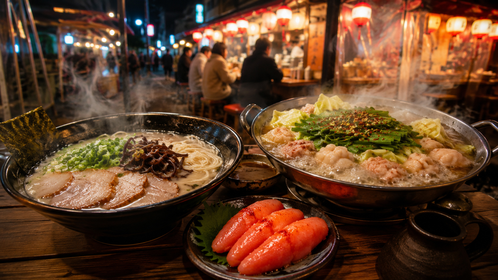 博多ラーメン、明太子、もつ鍋、屋台料理が並ぶ福岡の食卓。