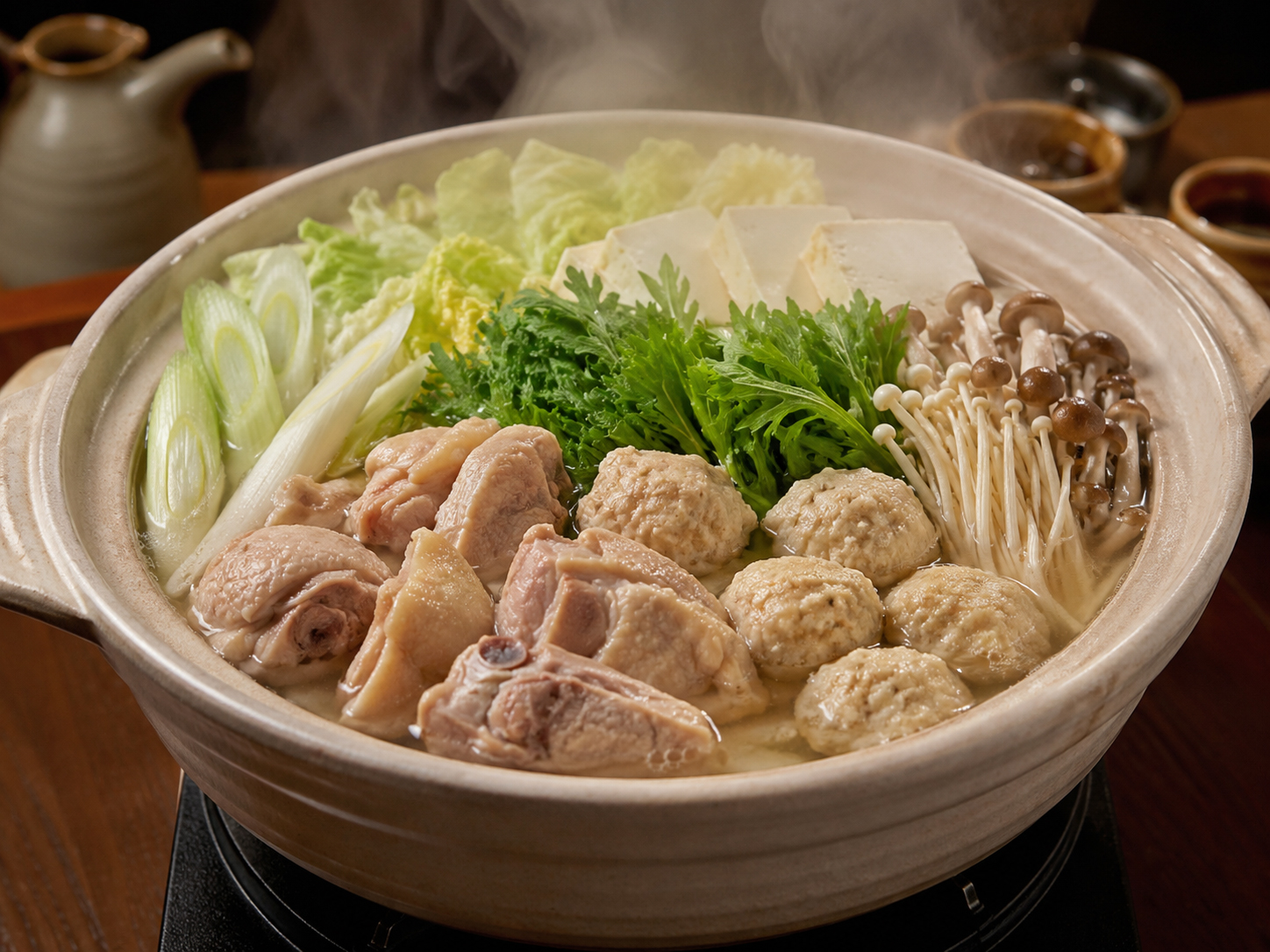 博多水炊き。白い鶏スープと鶏肉の鍋料理。