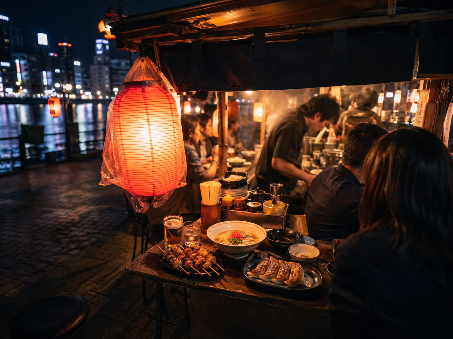 中洲の屋台でラーメン、餃子、明太子料理を楽しむ夜。