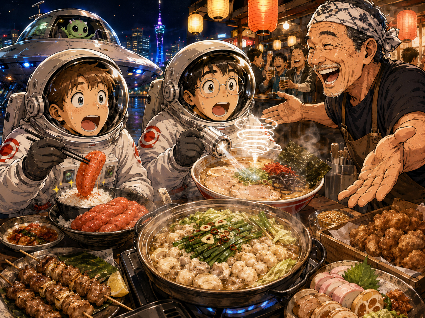 豚骨ラーメン、明太子、もつ鍋、水炊きを前にする宇宙飛行士と福岡のおじさん