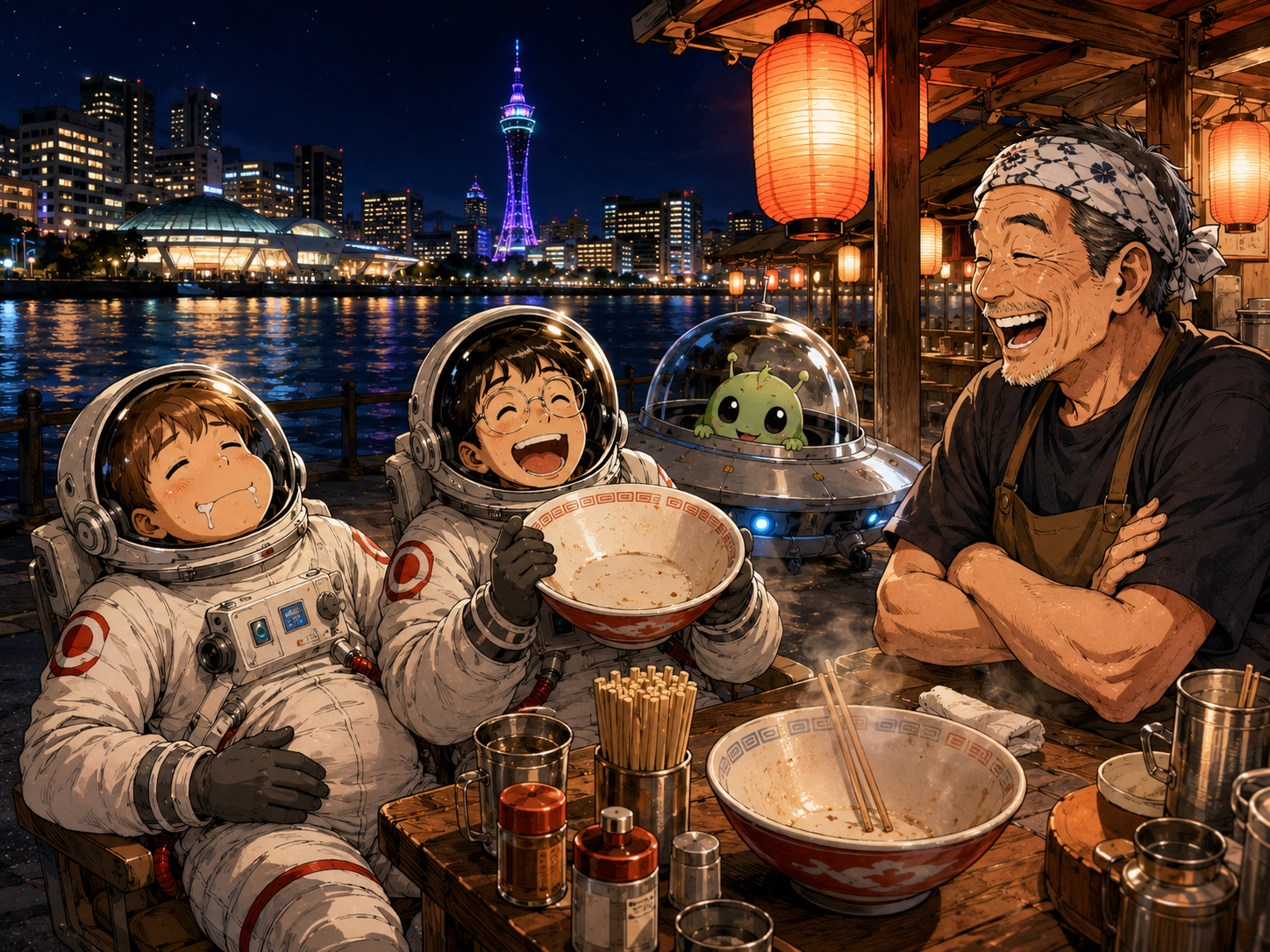 夜の博多湾と屋台の灯りを眺める宇宙飛行士と福岡のおじさん