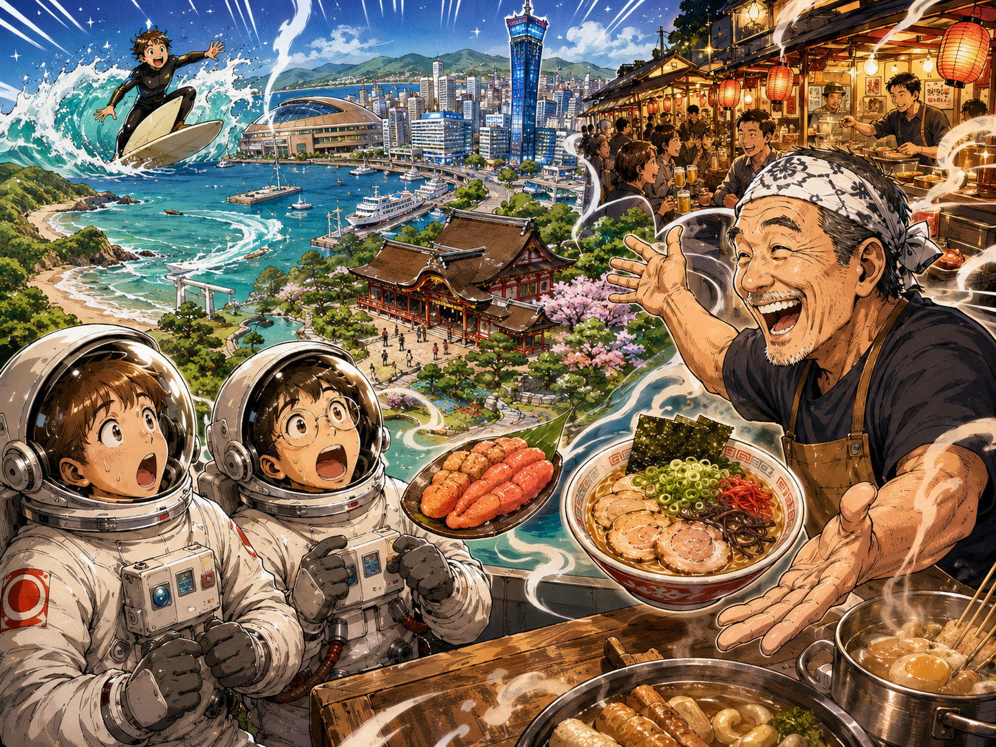 宇宙飛行士に屋台、太宰府、博多湾、糸島を説明する福岡のおじさん