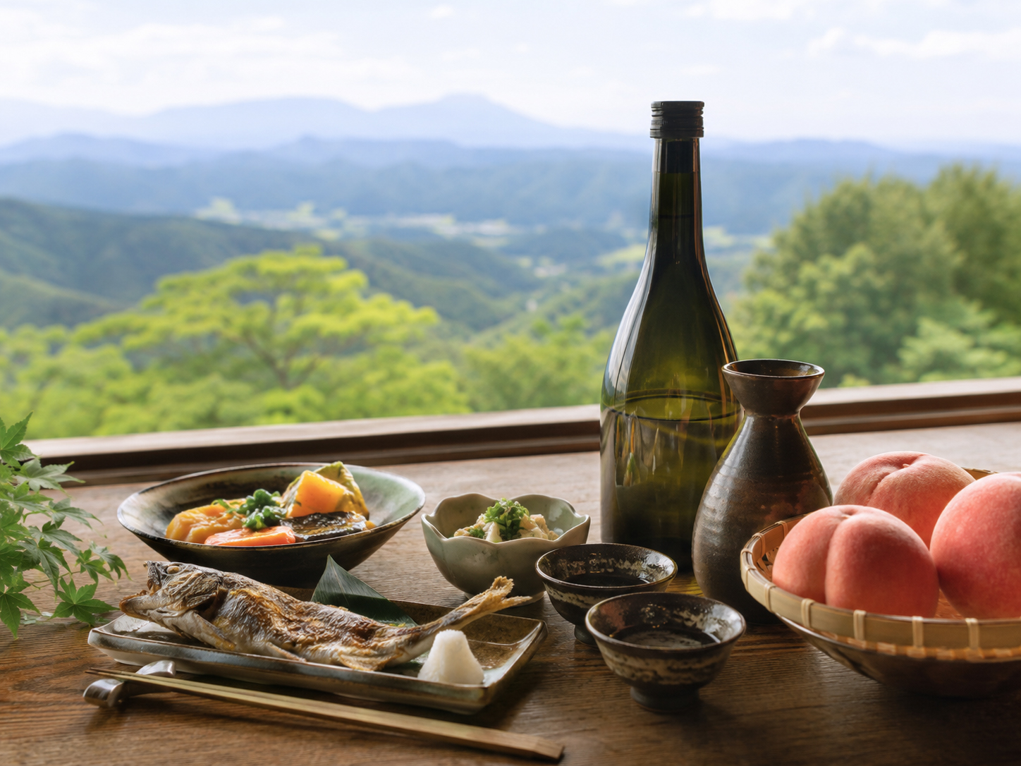 会津の酒、福島の桃、山の食卓を思わせる風景。