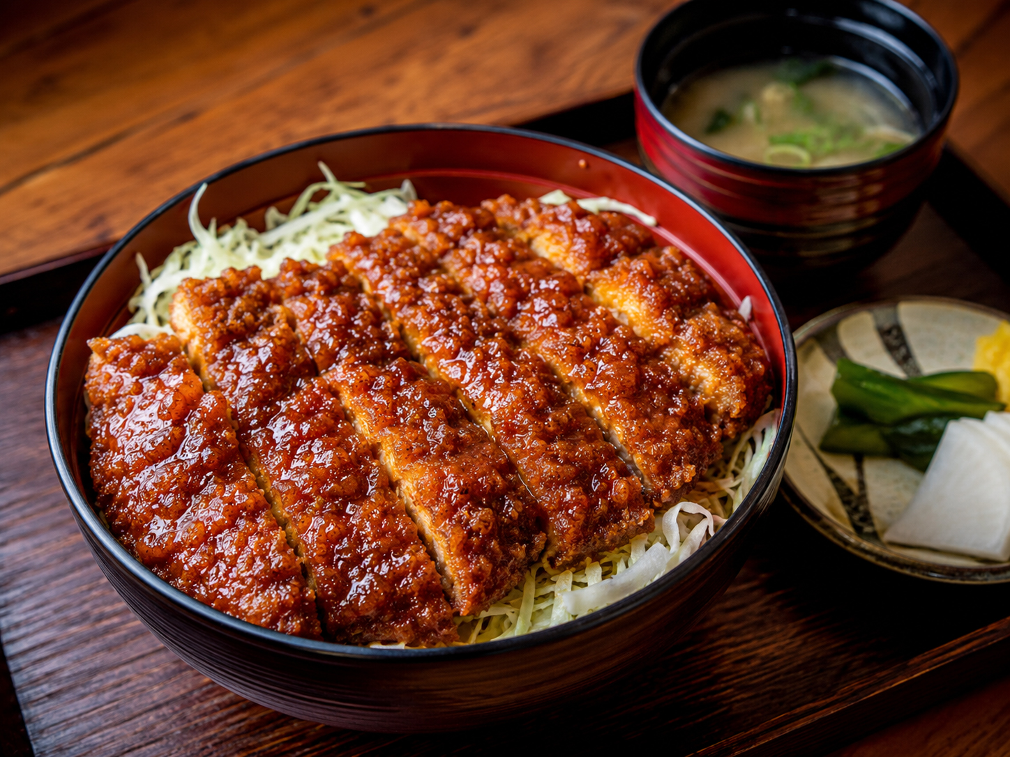 会津ソースカツ丼。ご飯、キャベツ、甘辛ソースのカツ丼。