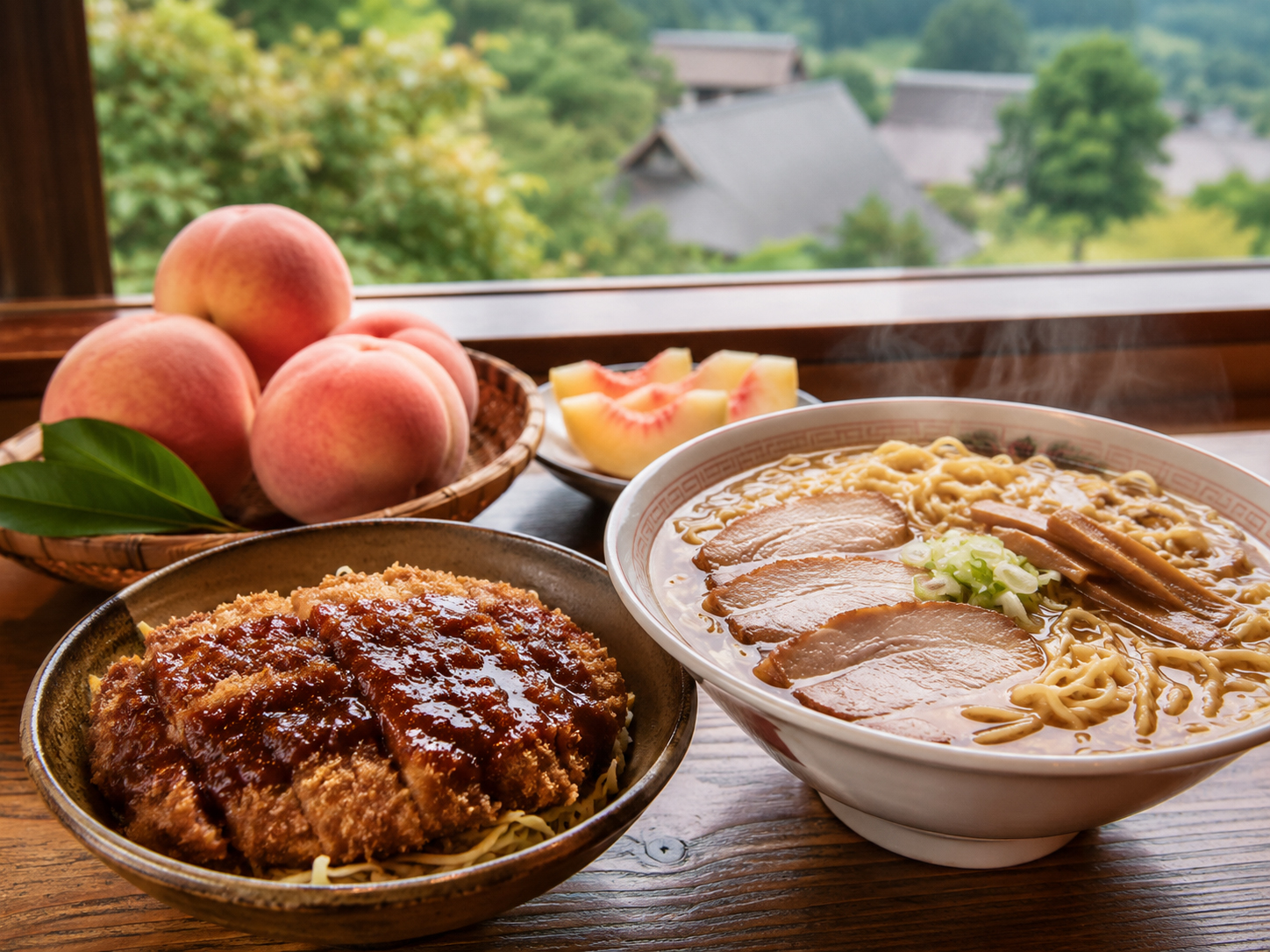 喜多方ラーメン、福島の桃、会津ソースカツ丼、こづゆが並ぶ福島の食卓。