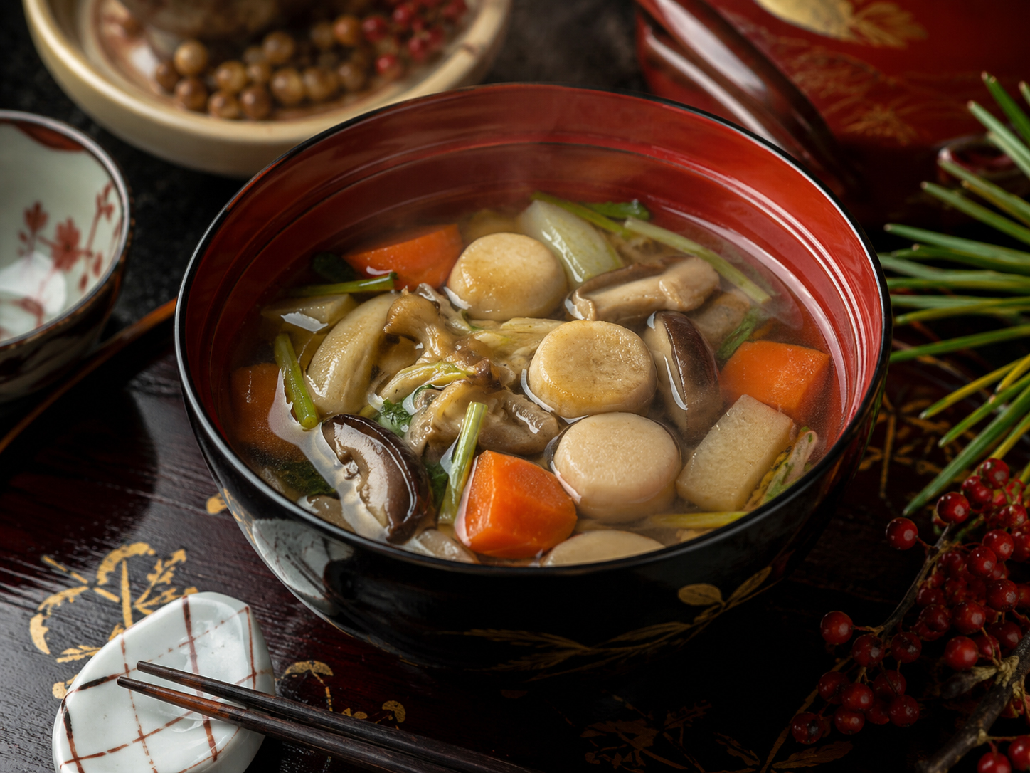 会津のこづゆ。豆麩、野菜、貝柱の祝いの椀。