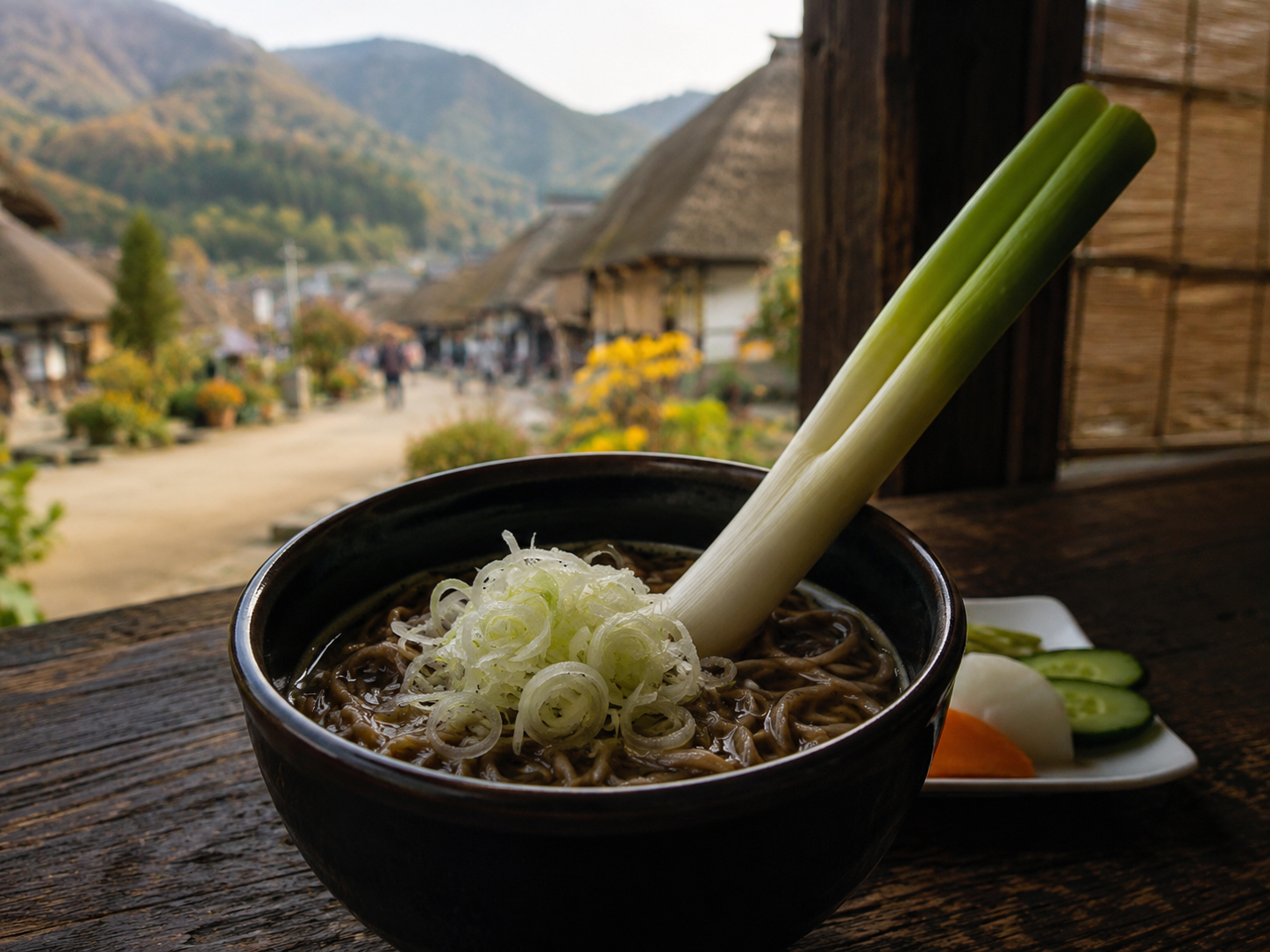 大内宿のねぎそば。一本ねぎを箸代わりにして食べるそば。