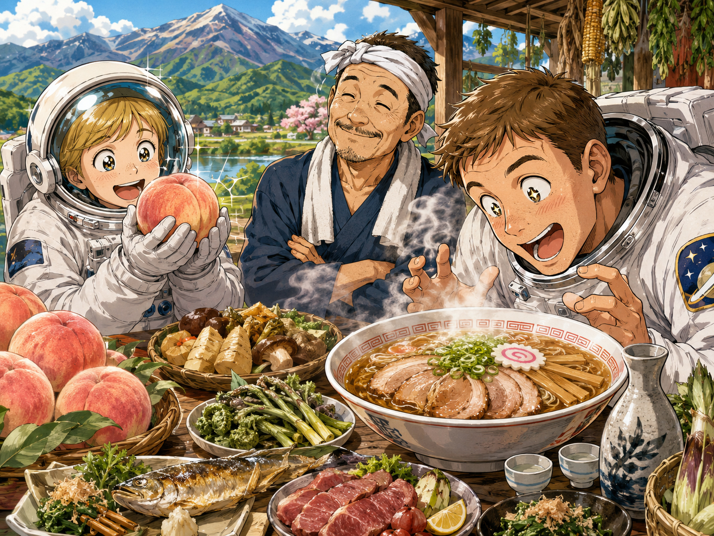 喜多方ラーメン、桃、酒を前にする宇宙飛行士と福島のおじさん