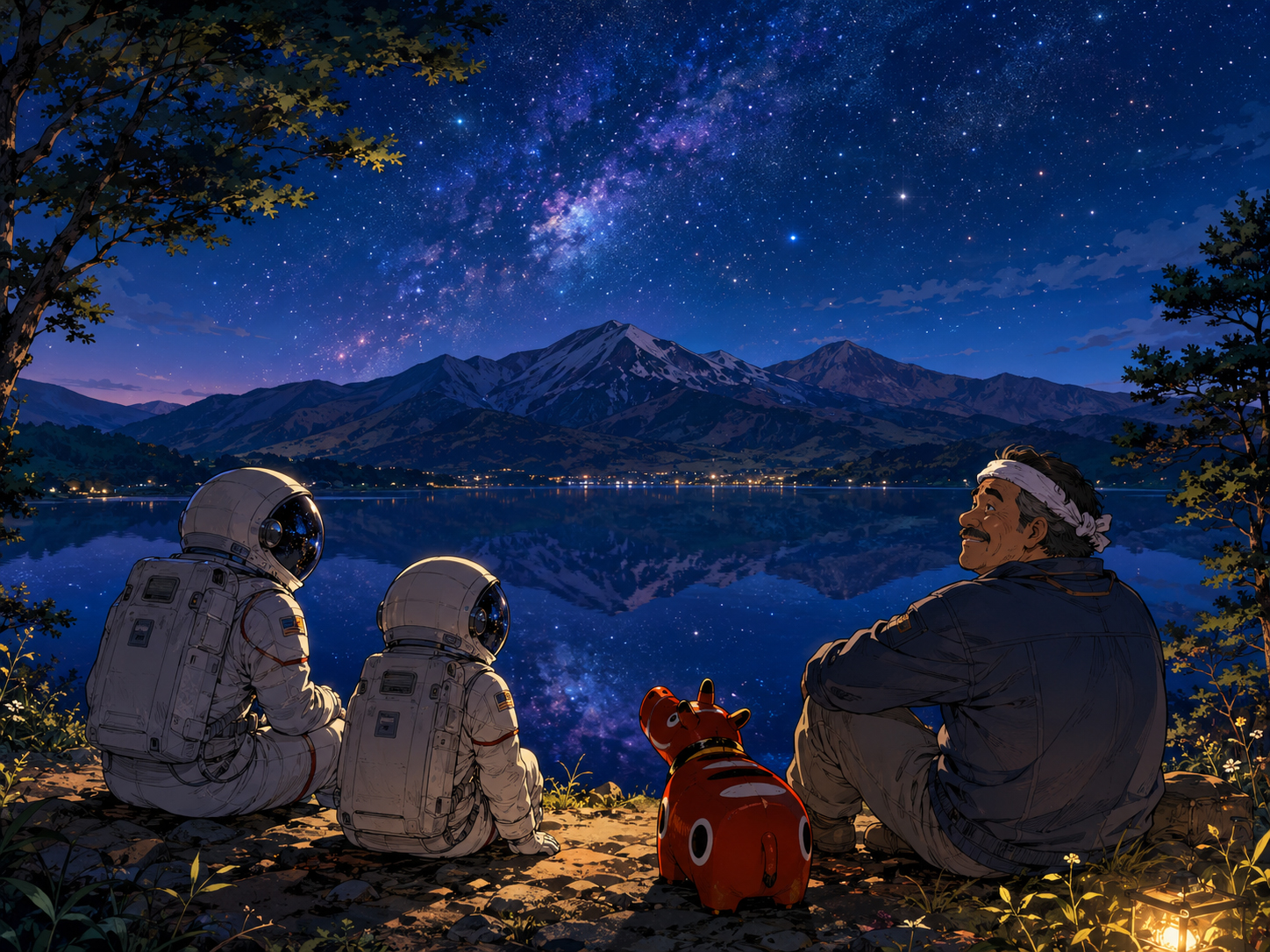 夜の磐梯、猪苗代湖、星、赤べこを眺める宇宙飛行士と福島のおじさん