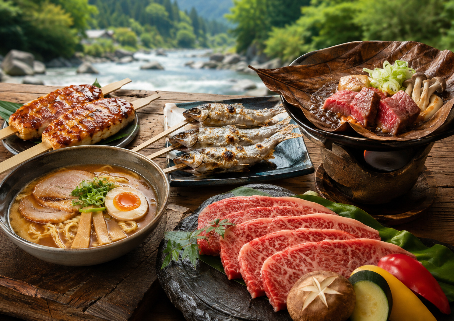 飛騨牛、高山ラーメン、五平餅、鮎が並ぶ岐阜の食卓。