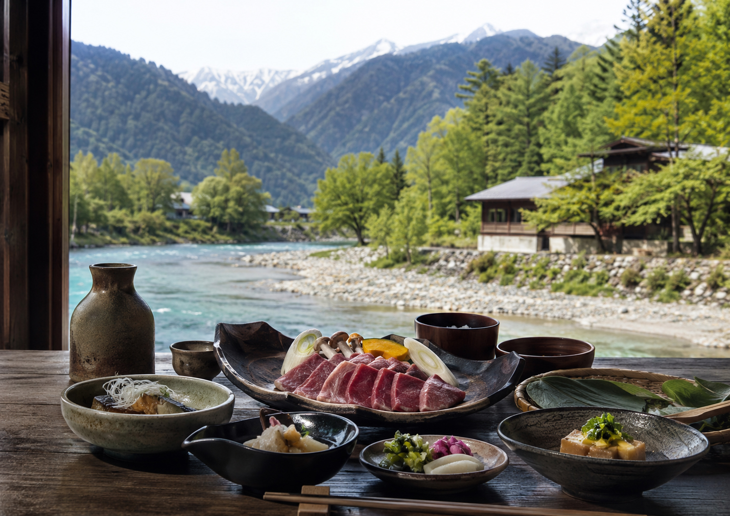 飛騨の山、長良川、岐阜の山里の食卓を思わせる風景。