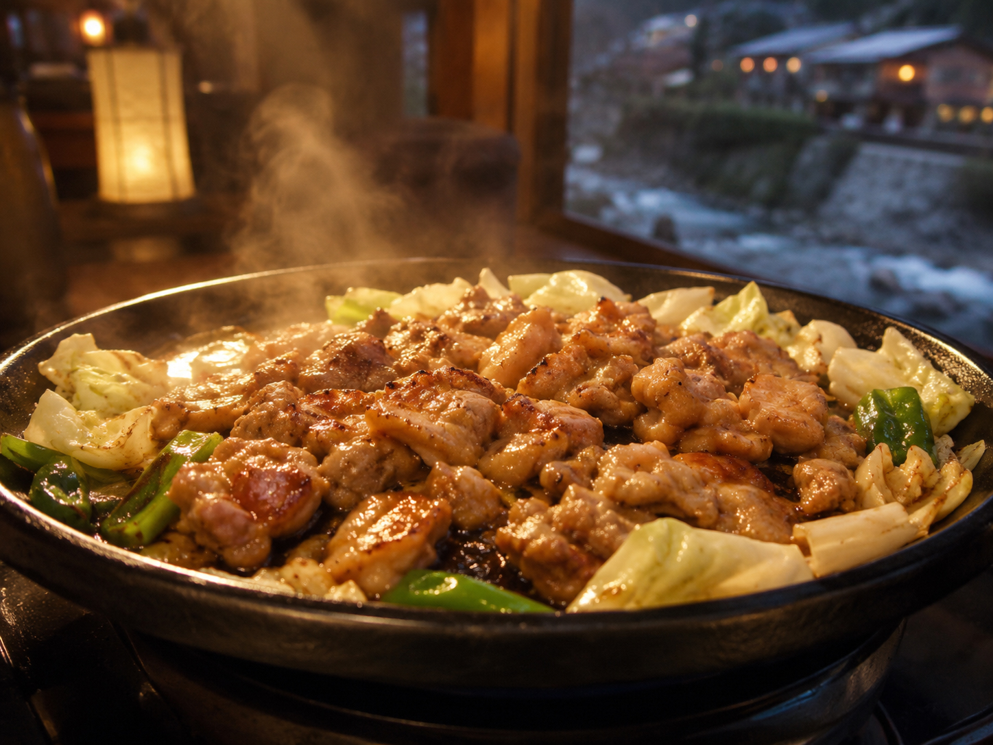 岐阜の鶏ちゃん。味噌や醤油だれで鶏肉と野菜を焼く郷土料理。