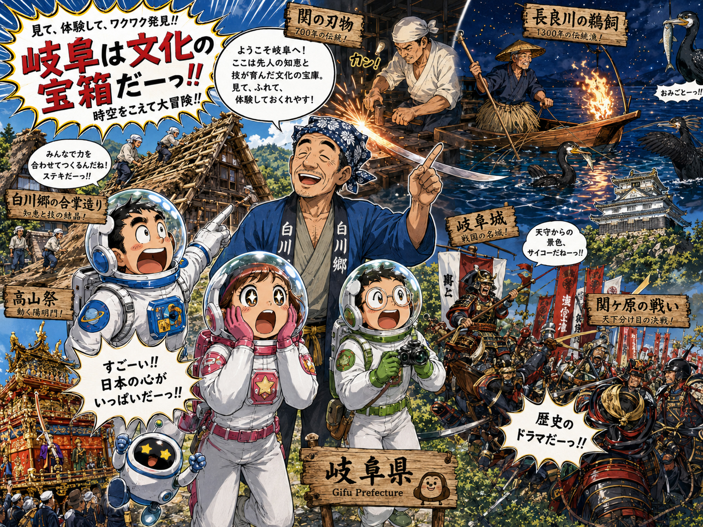 関の刀、鵜飼、合掌造り、高山祭、岐阜の歴史文化を学ぶ宇宙飛行士