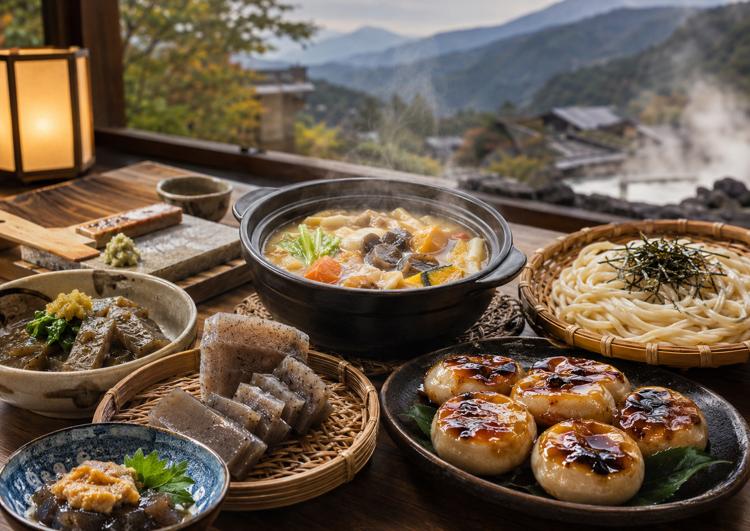 こんにゃく、水沢うどん、焼きまんじゅう、おっきりこみが並ぶ群馬の食卓。