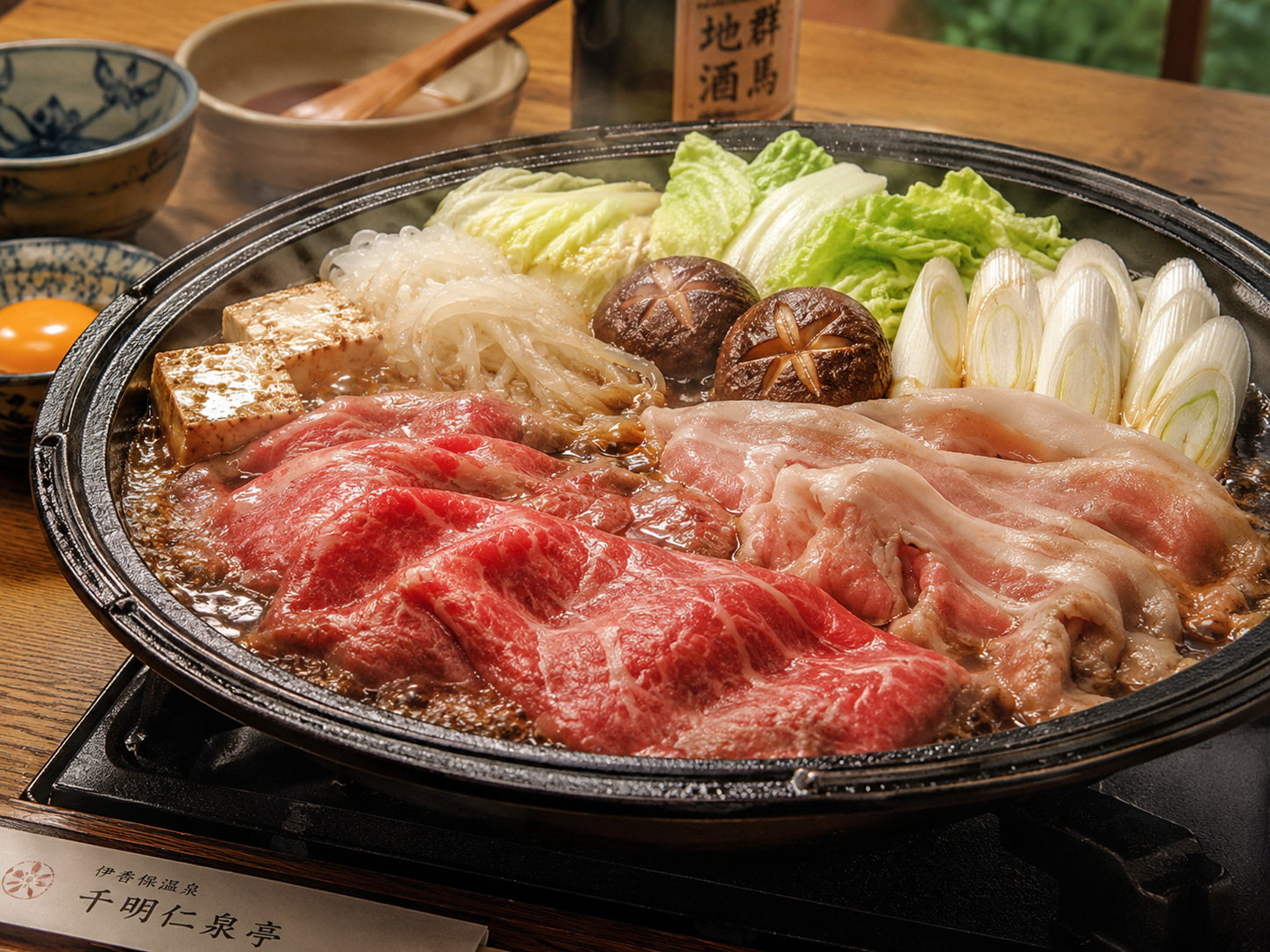 上州牛と上州麦豚のすき焼き。群馬の肉料理。