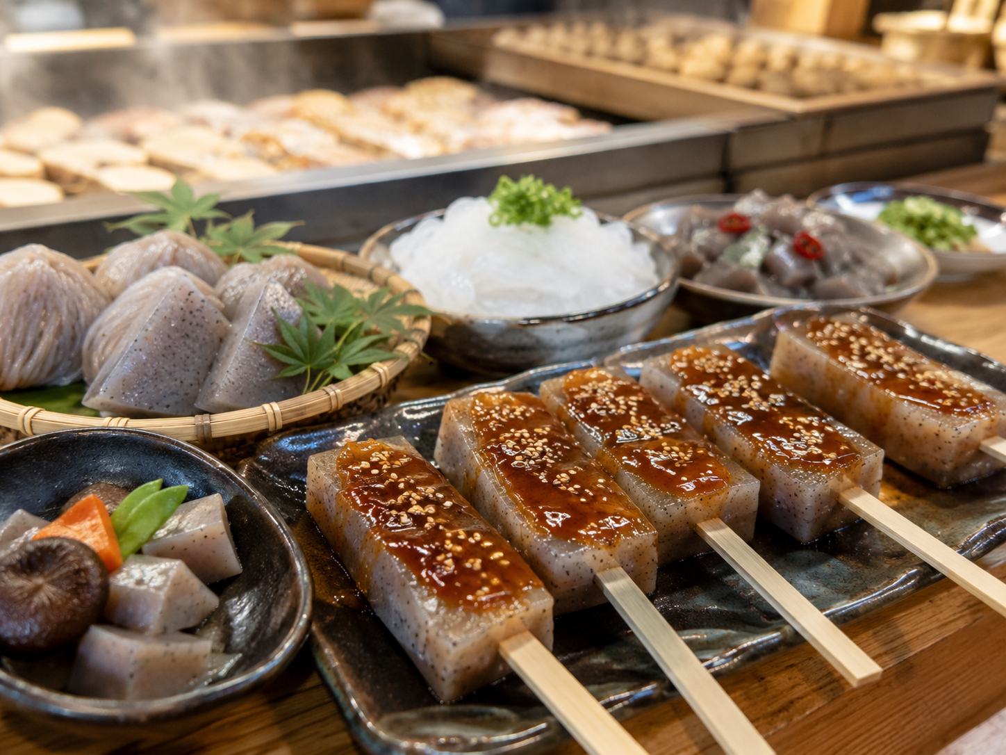 群馬のこんにゃく料理。田楽、刺身こんにゃく、こんにゃくの食卓。