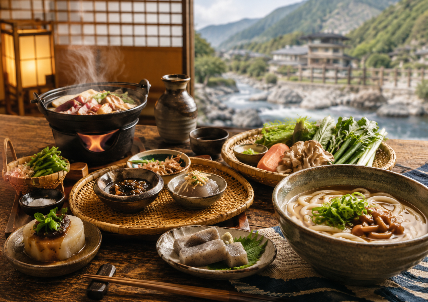 群馬の山、温泉、畑の食卓を思わせる風景。